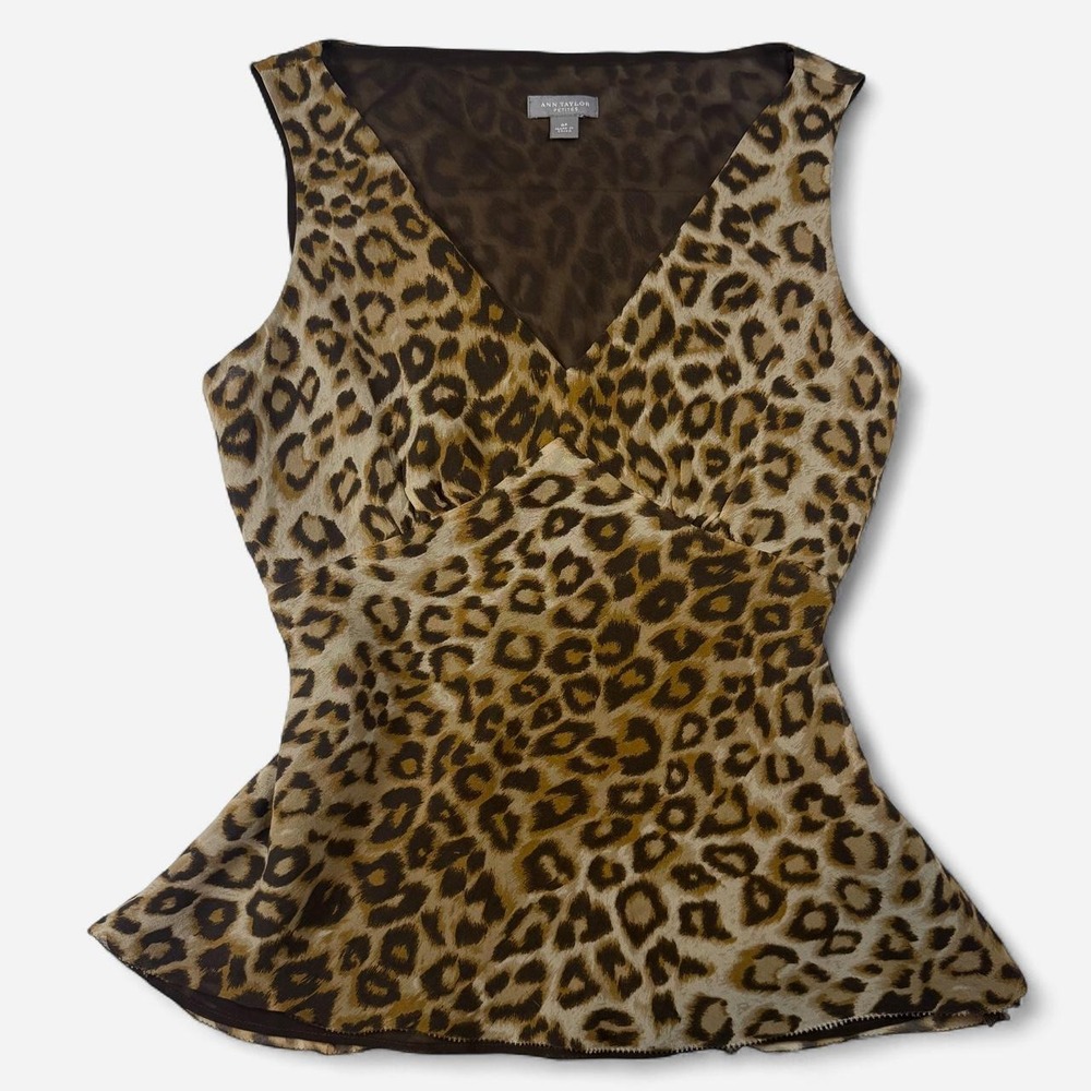Ann Taylor Petites Leopard Print Silk V-Neck Peplum Tank Top